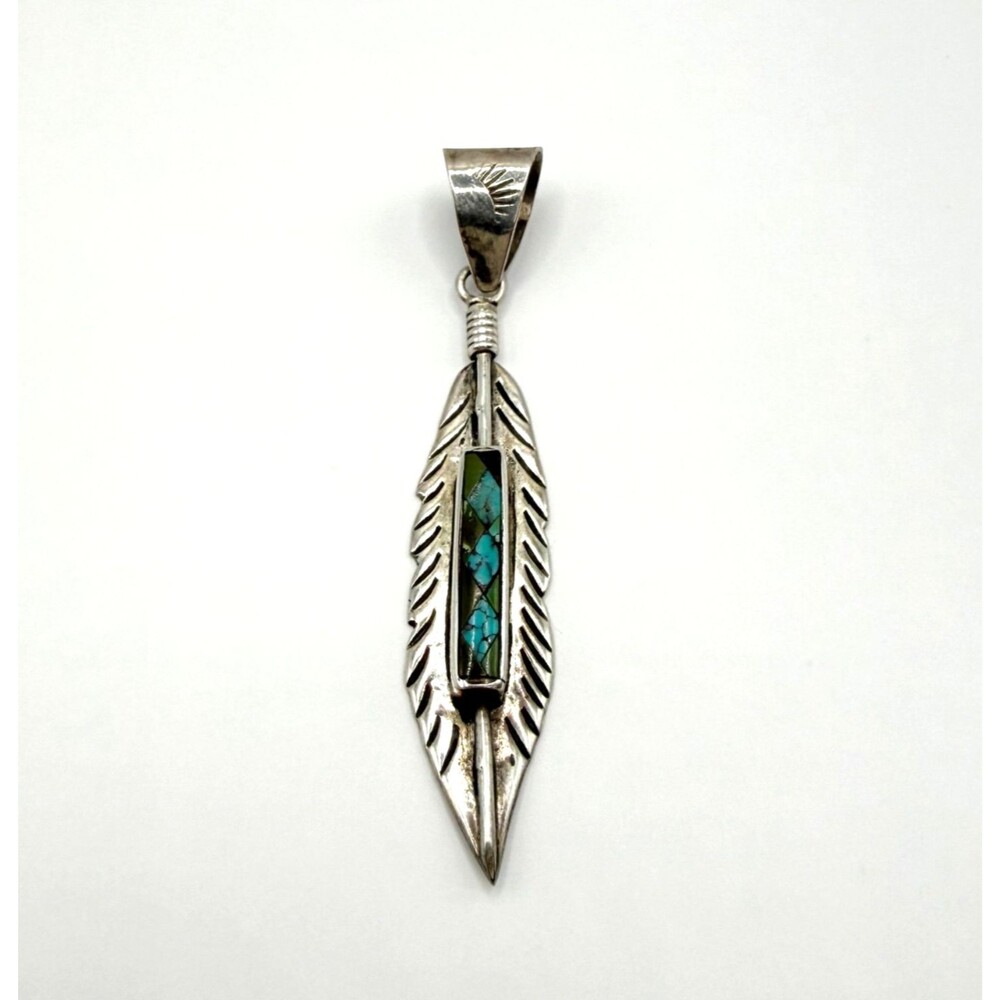 Navajo Mary Toledo Sterling Turquoise Inlay Feather Pendant Signed Navajo Native